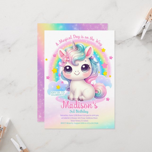 Convite Unicorn Birthday Invitation (Frente/Verso In Situ)