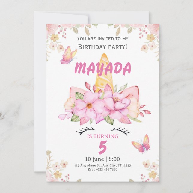 Convite Unicorn Birthday Invitation for Girls  (Frente)
