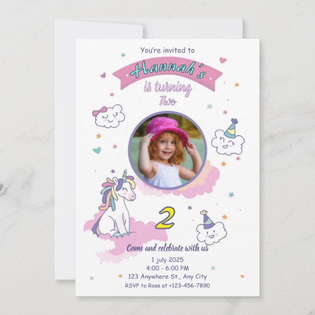 Convite Unicorn birthday invitation girl bday invite (Frente)