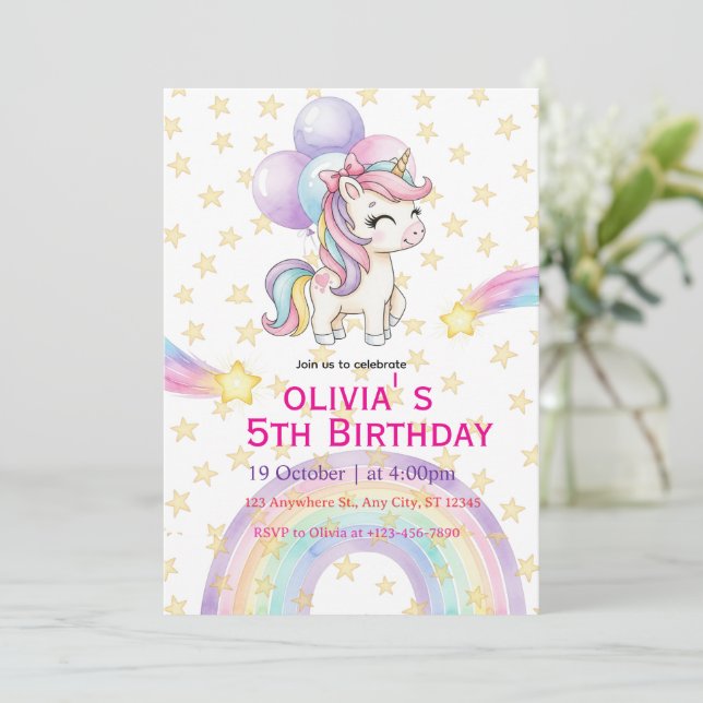 Convite Unicorn Birthday Invitation | Pastel Rainbow Party (Em pé/Frente)