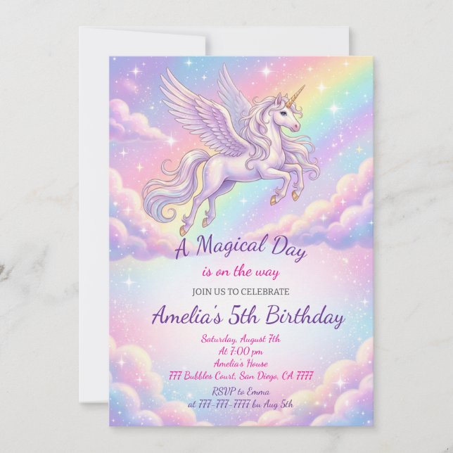 Convite Unicorn Birthday Invitation Rainbow Unicorn Party (Frente)