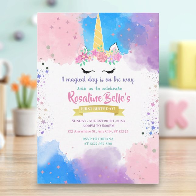 Convite Unicorn Birthday  Magical Invite Girl Gold (Criador carregado)