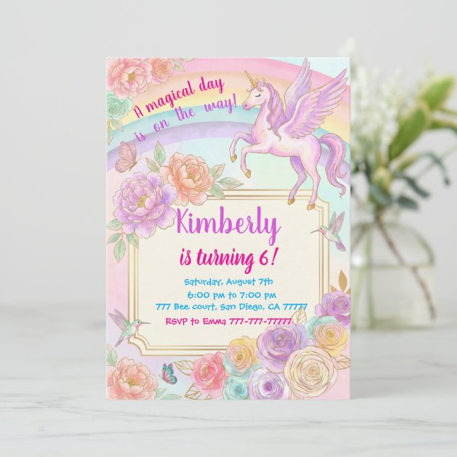 Convite Unicorn Birthday Party Flowers Invitation (Em pé/Frente)