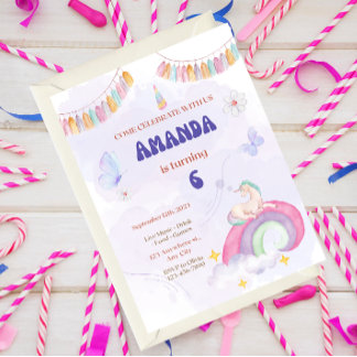 Convite Unicorn Birthday Party, Rainbow & Clouds for Kids