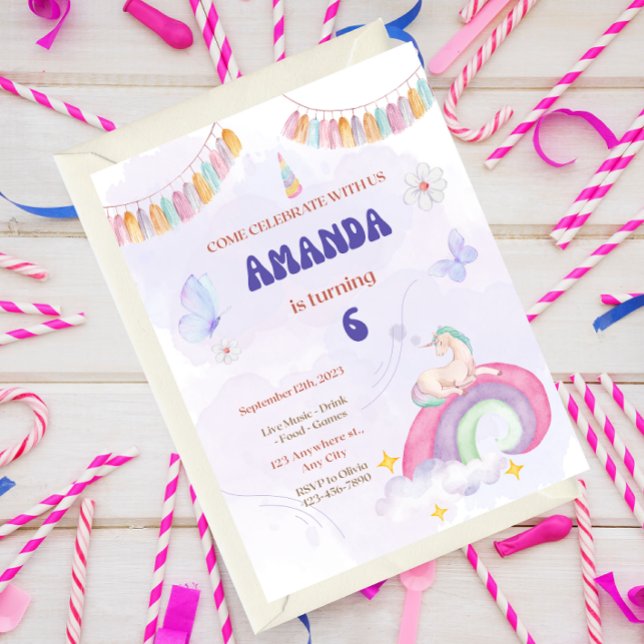 Convite Unicorn Birthday Party, Rainbow & Clouds for Kids (Criador carregado)