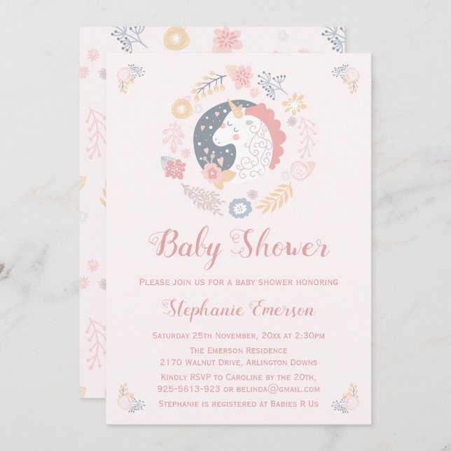 Convite Unicorn Blush Florals Baby Shower (Frente/Verso)