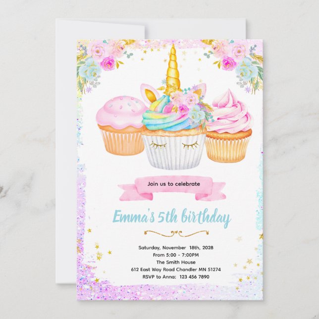 Convite Unicorn cupcake birthday party invitation (Frente)