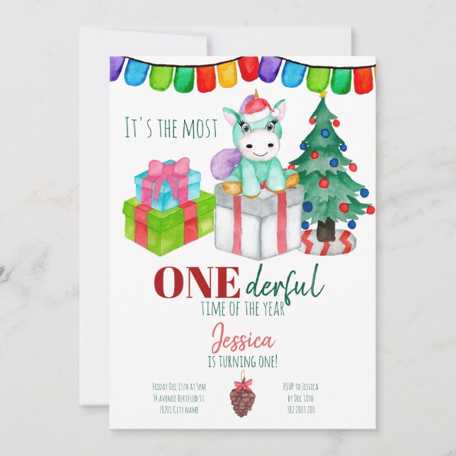 Convite Unicorn deer Onemagnifico Aniversário de Natal (Frente)