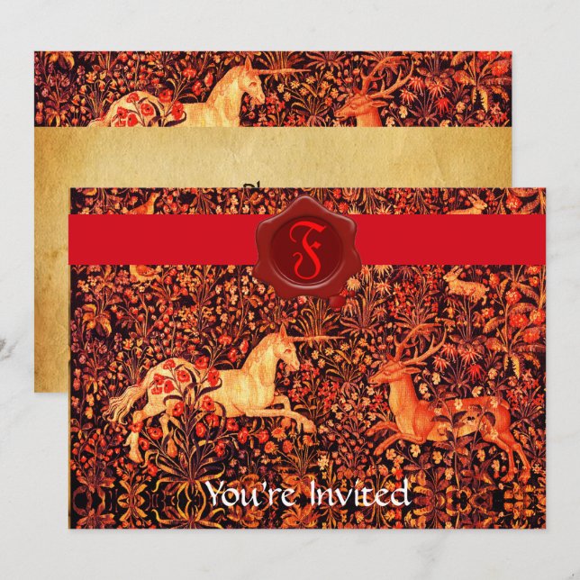 CONVITE UNICORN E DEER MONOGRAMA VERMELHO PARCHE DE SELO D (Frente/Verso)