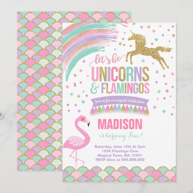 Convite Unicorn e Flamingo Birthday Invitation MagParty (Frente/Verso)