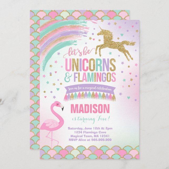 Convite Unicorn e Flamingo Birthday Invitation MagParty (Frente/Verso)