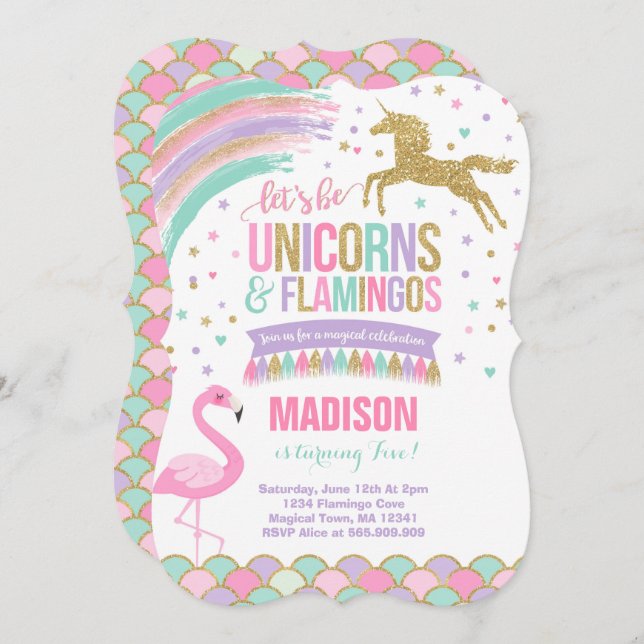 Convite Unicorn e Flamingo Birthday Invitation MagParty (Frente/Verso)