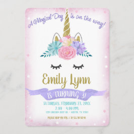Convite Unicorn Enfrenta Douradas Flores Mágicas De Pastel