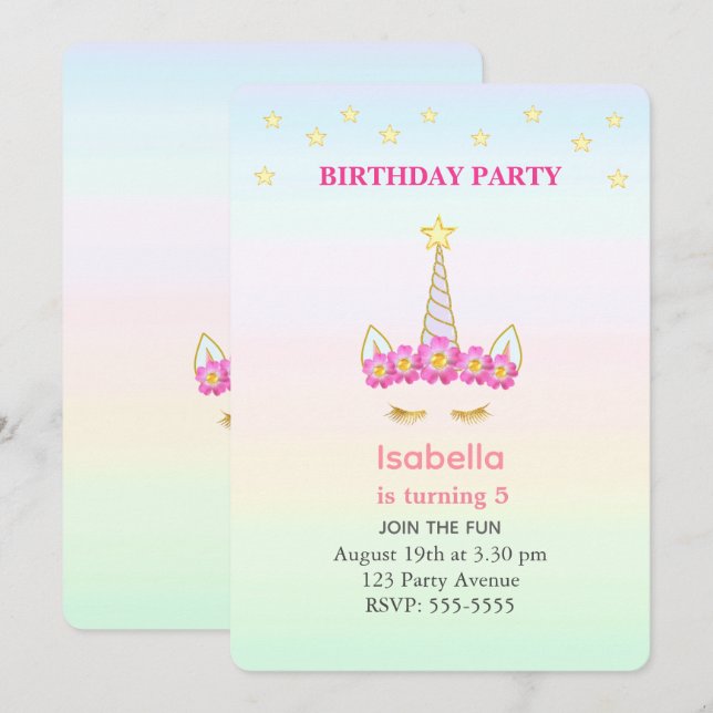 Convite Unicorn & Estrelas em Cores Pastel Aniversário de  (Frente/Verso)