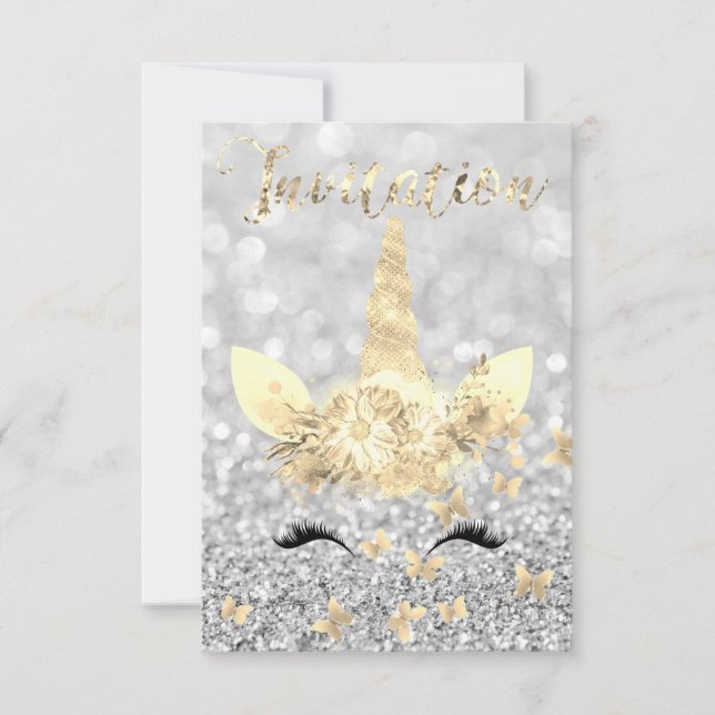 Convite Unicorn Face Faux Lashes de Cinza prateada Dourada (Frente)