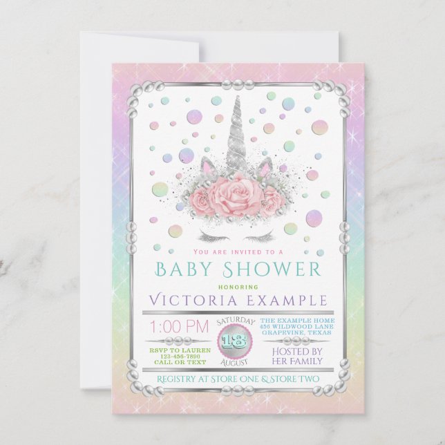 Convite Unicorn Face Rainbow Pearl Baby Shower Invasões (Frente)
