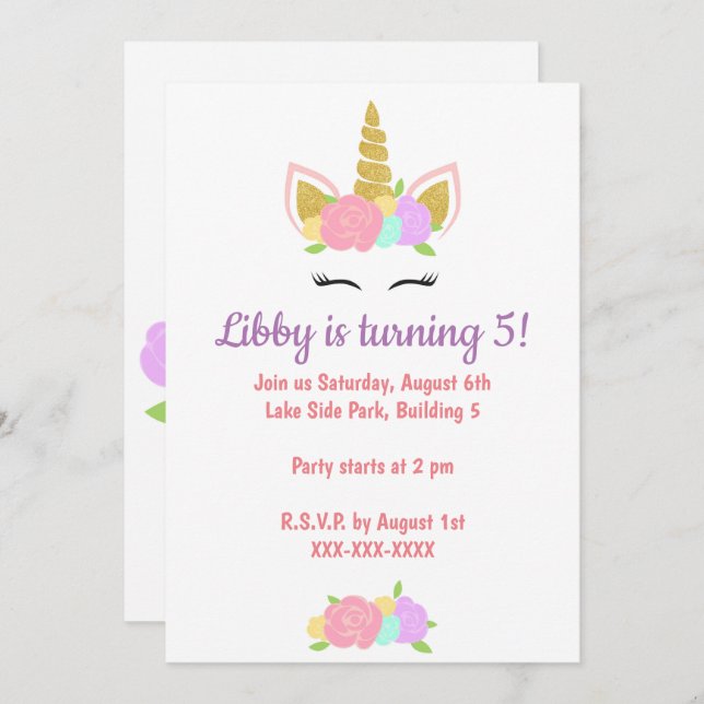 Convite Unicorn Floral Birthday Party Invitation  (Frente/Verso)