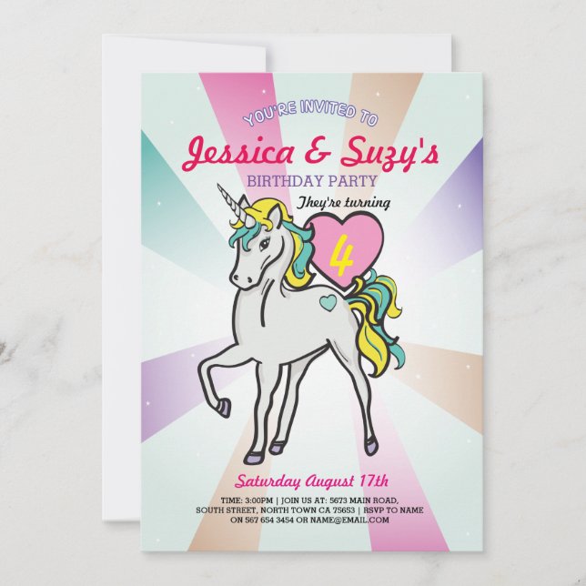 Convite Unicorn Gêmeas Roxas da Festa de aniversário Convi (Frente)