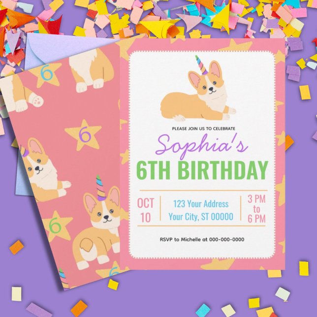 Convite Unicorn Girl Birthday, Partido Corgi (Criador carregado)
