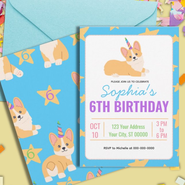 Convite Unicorn Girl Birthday, Partido Corgi (Criador carregado)
