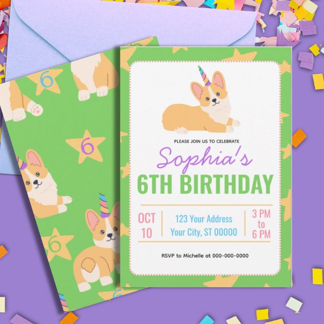 Convite Unicorn Girl Birthday, Partido Corgi (Criador carregado)