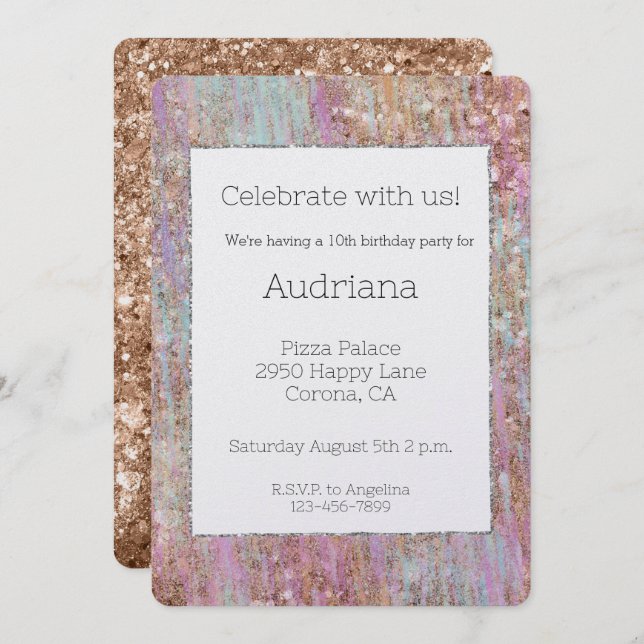 Convite Unicorn Glitzy Rosa Dourada Glitter Sparkle Birthd (Frente/Verso)