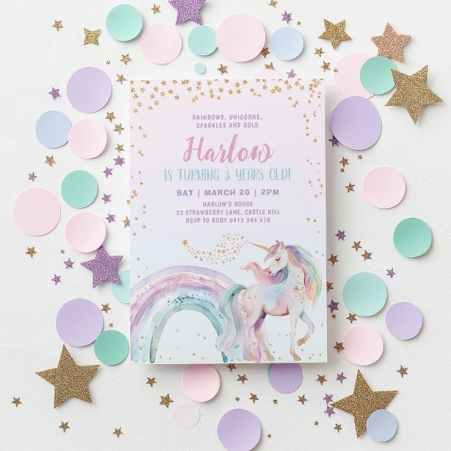 Convite Unicorn Kids Pastel Rainbow Aniversário (Pastel Rainbow Unicorn Kid's Birthday Invitation in pink, purple, gold tones)