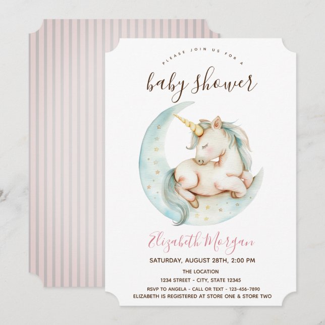 Convite Unicorn Lua Listras Rosa Baby Shower   (Frente/Verso)