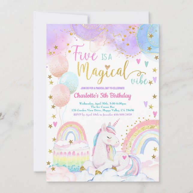 Convite Unicorn Magical 5th Birthday Party Pastel Rainbow (Frente)