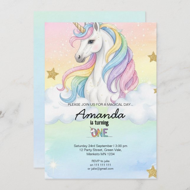 Convite Unicorn Magical Birthday Party Invitation Card (Frente/Verso)