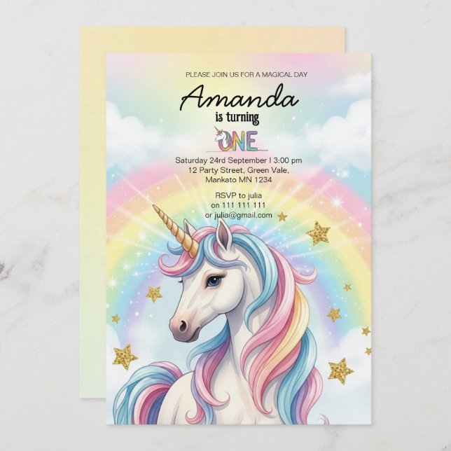 Convite Unicorn Magical Birthday Party Invitation Card (Frente/Verso)
