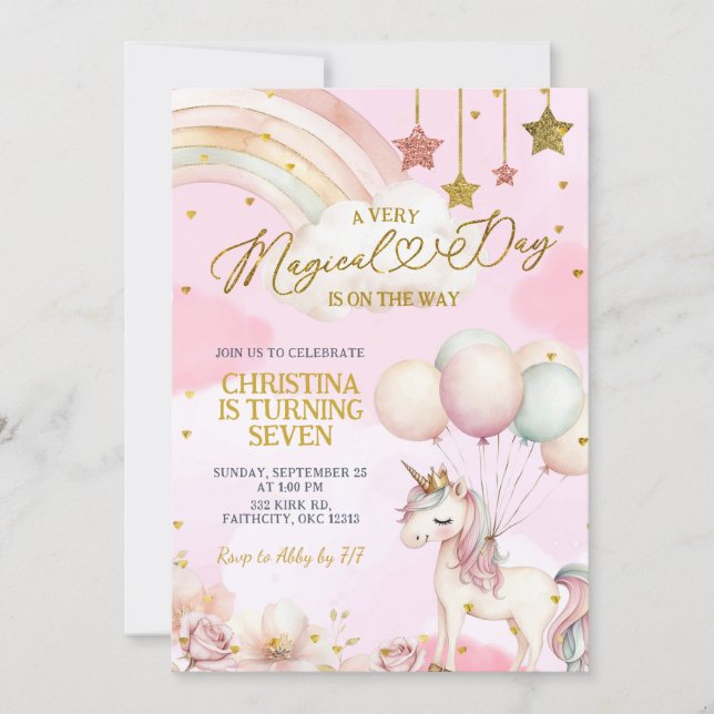 Convite Unicorn Magical Day Is On The Way Birthday  (Frente)