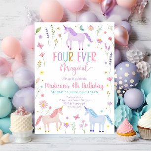 Convite Unicorn Meadow Flower Quatro Anos de Aniversário M
