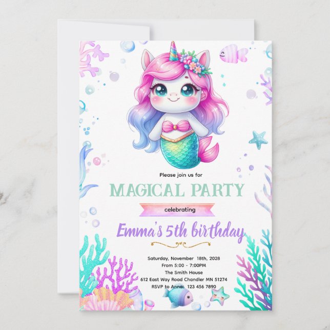 Convite Unicorn mermaid themed invite (Frente)