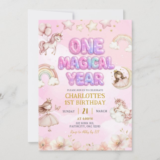 Convite Unicorn One Magical year First Birthday (Frente)