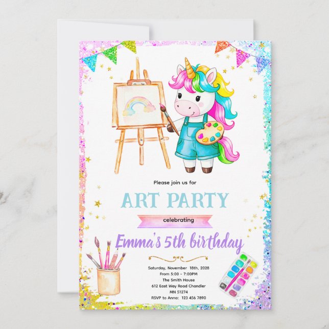 Convite Unicorn paint birthday party invitation (Frente)