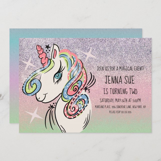 Convite Unicorn Palavra Desenhada Ombré Rainbow Aniversári (Frente/Verso)