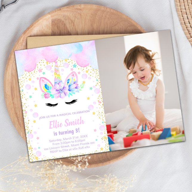 Convite Unicorn Personalizável (Purple Pink Cloud Unicorn Invitations with photo)