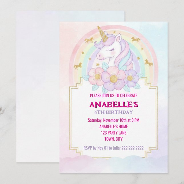 Convite Unicorn Personalized Magical Birthday Invitation   (Frente/Verso)