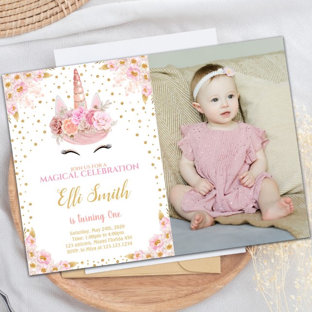 Convite Unicorn Pink Birthday Invances com foto (Unicorn Pink Birthday Invitations with photo)