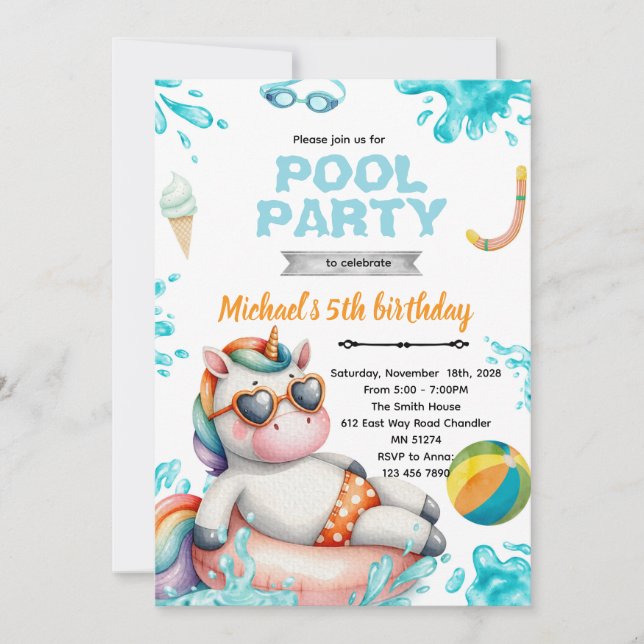 Convite Unicorn Pool Party Birthday Invitation (Frente)