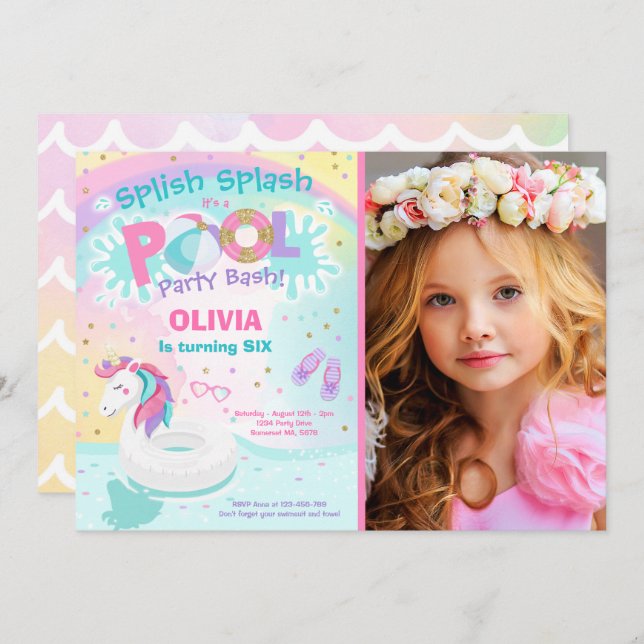 Convite Unicorn Pool Party Invitation Pool Birthday Party (Frente/Verso)
