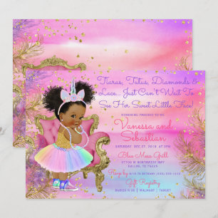 Convite Unicorn Princesa Afro-Americana Glitter