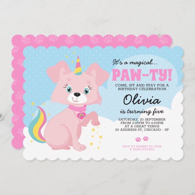 Convite Unicorn Puppy - Unipuppy Girly Birthday (Frente/Verso)