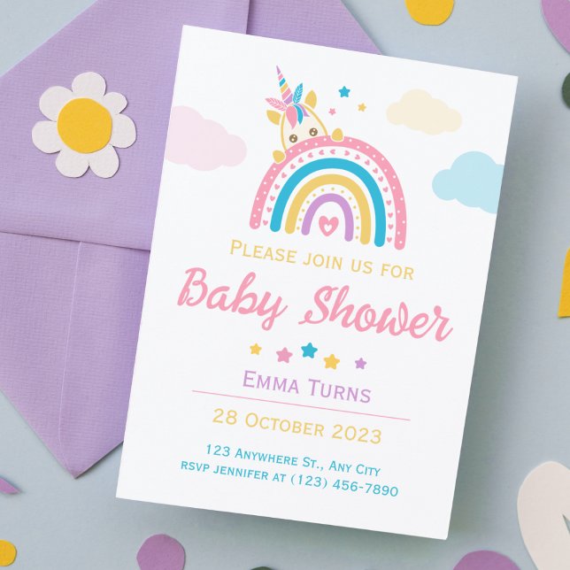 Convite Unicorn Rainbow Baby Shower Girl (Criador carregado)