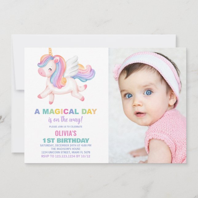Convite Unicorn Rainbow Birthday Invances com foto (Frente)