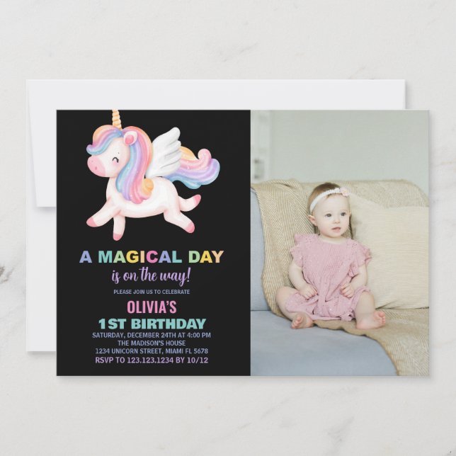 Convite Unicorn Rainbow Birthday Invances com foto (Frente)