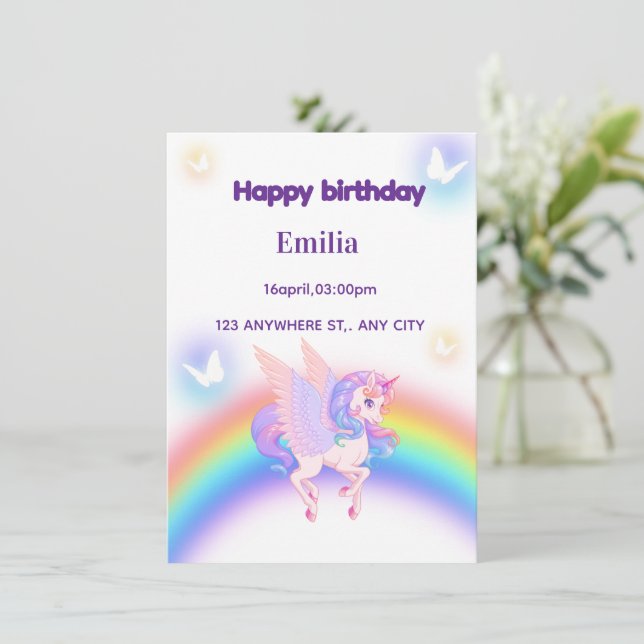 Convite Unicorn Rainbow Birthday Invitation  (Em pé/Frente)