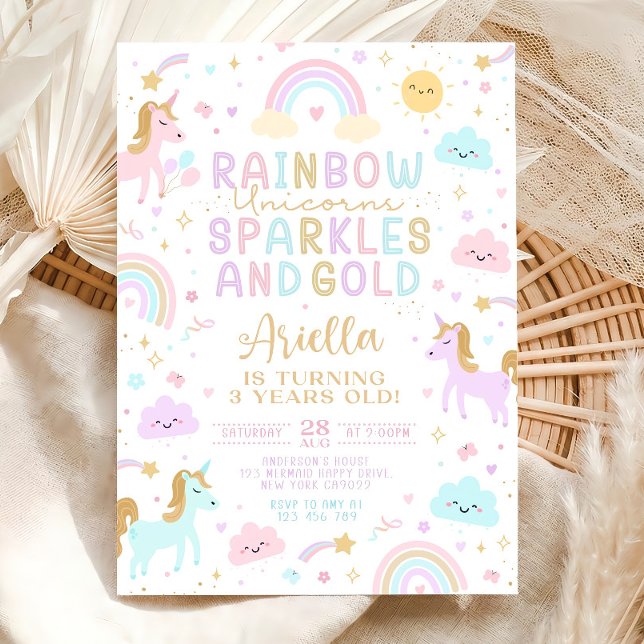 Convite Unicorn Rainbow Birthday Invitation, 3rd Birthday  (Criador carregado)