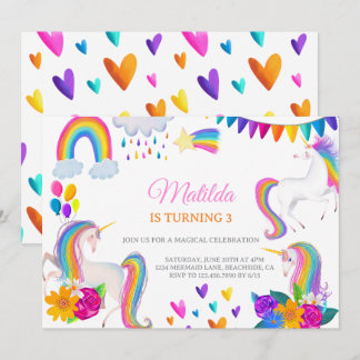 Convite Unicorn Rainbow Colorful Birthday Invitation